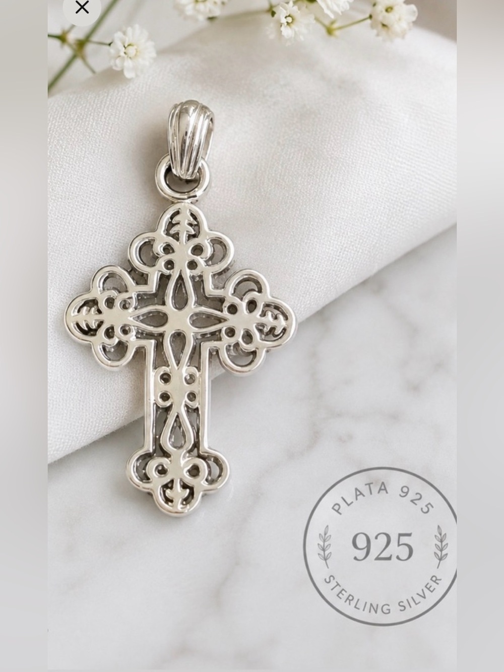 Intricate Silver 925 Filigree Cross Pendant Necklace - Silver